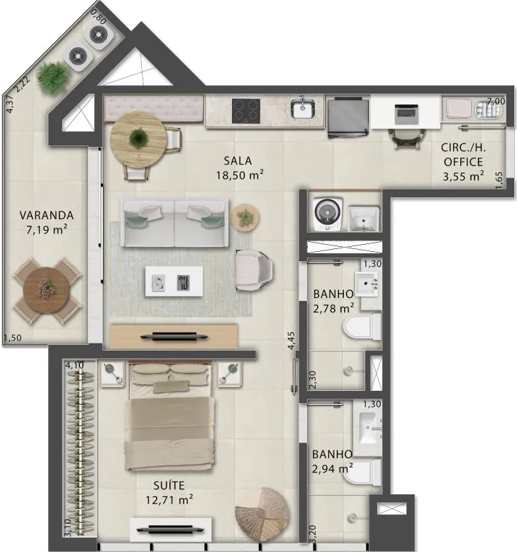 Planta do apartamento de 1 quarto do First Humaitá, com 56,51 m², suíte, home office e varanda